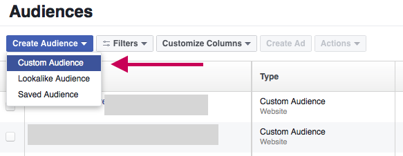 Facebook retargeting creating a Custom Audience Step 1